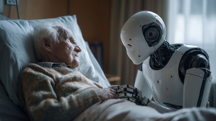 Elderly person engaging with an AI robot in a hospital setting, showcasing the fusion of technology and care in medical and emotional support.