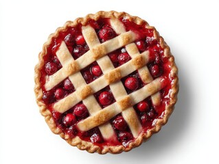 Cranberry pie presented on a white background, viewed from above, showcasing a golden crust and vibrant filling. Perfect for holiday celebrations or dessert themes.