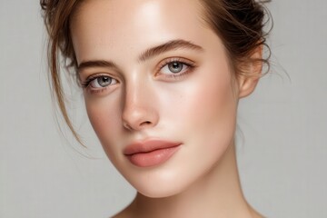 Portrait of a beautiful woman with fresh skin and natural makeup, highlighting beauty and spa themes against a grey background. Close-up captures a serene, youthful expression.