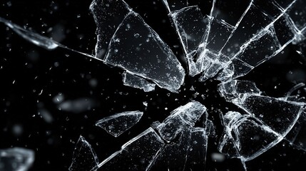 Close-up of shattered glass on a dark background, showcasing intricate cracks and floating dust particles, evoking a sense of fragility and tension.