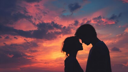 A young couple in love at sunset on the beach, silhouetted against a vibrant sky, capturing a romantic moment filled with color and emotion.