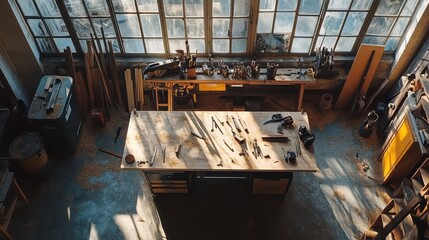 Overhead view of a welllit woodworking shop with tools on a workbench and lumber