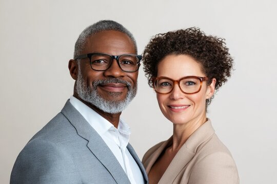 Portrait of a smiling middle-aged African American man and woman wearing glasses.