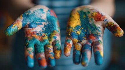 A pair of hands covered in colorful paint creates an abstract background, embodying creativity and childlike imagination in art. Perfect for creative projects and playful activities.