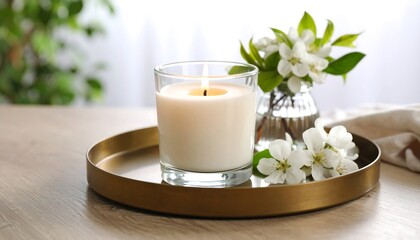 White candle, spring blossoms, gold tray