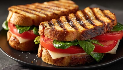 Two grilled sandwiches filled with tomato, lettuce, and cheese served on a plate against a dark background, highlighting a delicious and appetizing meal.