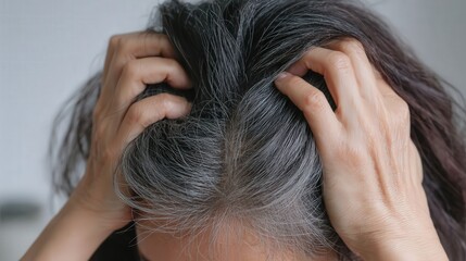 A woman with gray hair holds her head in distress, expressing concern over thinning hair. The scene captures an intimate moment of vulnerability in a bathroom setting.