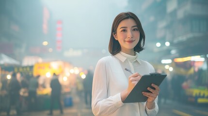 A young Asian woman in a white blouse smiles confidently while holding a tablet amidst a bustling market scene.