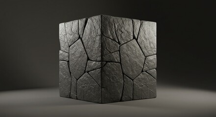Cracked Dark Stone Cube with Textured Surface on Black Background for Architecture and Design Projects