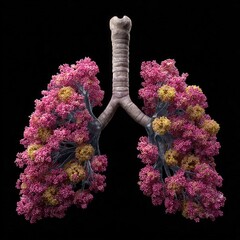 Lungs with cancer cells depicted at the base, highlighting a medical concept. 3D rendering on a black background emphasizes the severity of lung cancer.