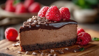 Close-up of a rich chocolate cheesecake garnished with fresh raspberries on a rustic wooden table, showcasing a delicious dessert perfect for indulgence.