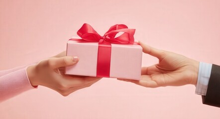A man presents a gift box with a red ribbon to a woman against a pastel pink background, perfect for Valentine's Day or birthday celebrations.