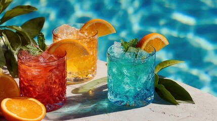 Three vibrant cocktails with ice, orange slices, and mint leaves on a poolside table, featuring a blue curaçao drink against a refreshing water backdrop.