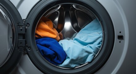 Washing Machine Door Open with Colorful Clothes Inside in Modern Laundry Room