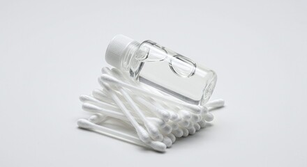 Clear Hand Sanitizer Bottle with Cotton Swabs on White Background