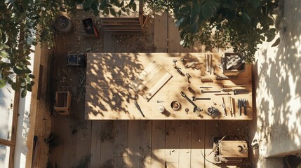 Overhead view of a woodworking table with tools and wood