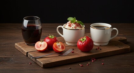 Fresh Strawberries and Coffee with Cream in White Cups on Wooden Board