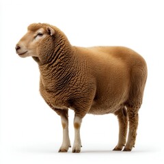 Fototapeta premium Calm brown sheep standing in profile against white background, showcasing thick wool coat and distinctive facial features in professional studio photography for livestock or agricultural advertising