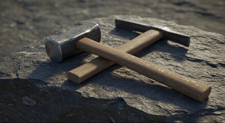 Hammer and Chisel Resting on Rough Stone Surface in Outdoor Setting