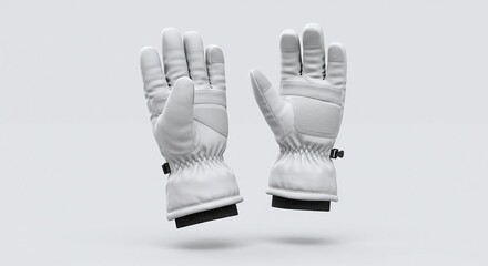 White Winter Gloves Pair with Black Cuffs on Plain Light Gray Background