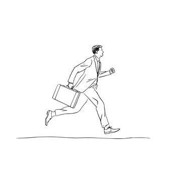 recommend clip art: Illustration of a man in a suit running with a briefcase in black and white line art style design vector