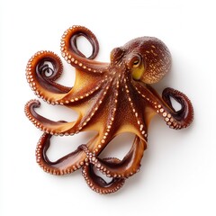 Fascinating reddish-brown octopus with curled tentacles displayed against white background, showcasing detailed suction cups and textured skin in marine biology specimen photography