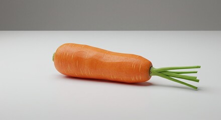 Fresh Orange Carrot with Green Tops on White Surface and Gray Background