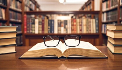 Open Book with Reading Glasses on a Wooden Table in a Detailed Library