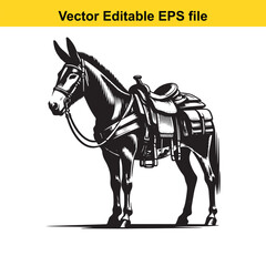 Fototapeta premium Angular Line Art of a Mule – Hybrid Vigor and Sturdy Stance with Packed Saddlebags Detail