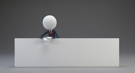 Stylized 3d Character in Business Suit Leaning on Empty White Banner in Minimalist Gray Studio