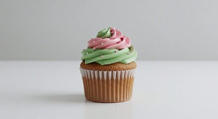 Colorful Frosted Cupcake with Pink and Green Swirl Icing on White Surface