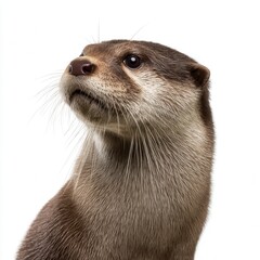 Curious river otter portrait with alert expression looking upward against white background, detailed close-up of sleek brown fur and whiskers in wildlife photography with free copy space