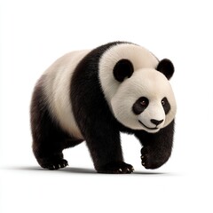 Fototapeta premium Gentle giant panda bear with distinctive black and white fur standing against clean white background, realistic 3D rendering for wildlife conservation awareness with free copy space
