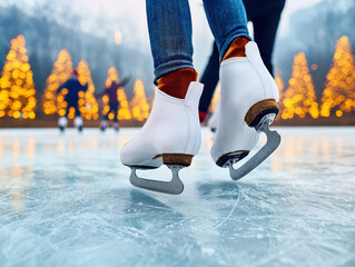 Close-up of a person ice skating wearing white skates on a frozen rink with blurred festive lights in the background.