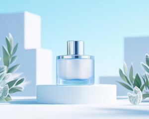 A sleek, modern perfume bottle showcased on a white pedestal with soft blue and green botanical accents in a minimalistic, serene setting.