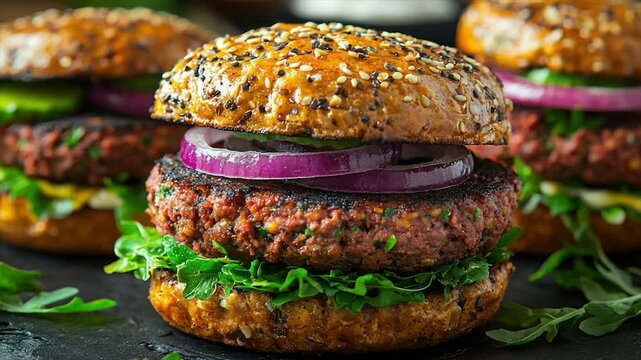 Juicy veggie burger on a multigrain bun with red onion, avocado, and arugula