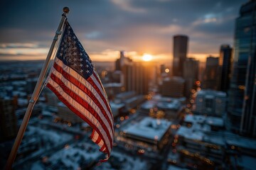 Naklejka premium American Flag Waving at Sunrise Over City Skyline