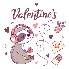 Vector illustration of a Curious Lazy sloth with wearing headphones, styled in a Valentine theme using Valentine Blush colors