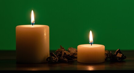 Two Lit Candles with Dried Flowers on Wooden Surface in Dimly Lit Setting