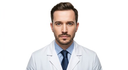 Professional Male Doctor Wearing White Coat and Blue Tie in Studio Setting