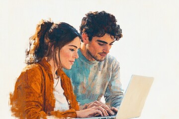 A young couple collaborates on a laptop, showcasing teamwork and modern technology.