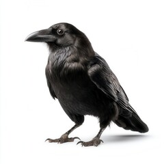 Fototapeta premium Majestic black raven standing against white background, detailed portrait showing glossy feathers and sharp beak in wildlife photography with clean isolated setting, free copy space for text