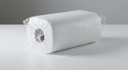 White Paper Towel Roll in Clear Plastic Packaging on White Surface