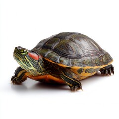 Obraz premium Vibrant red-eared slider turtle with distinctive patterned shell and bright green eye against clean white background, perfect for pet care or wildlife conservation