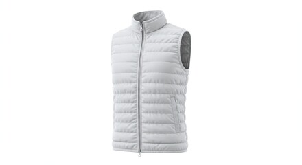 White Puffer Vest Without Sleeves with Stand Collar and Pockets on White Background