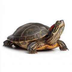 Obraz premium Detailed Red-Eared Slider Turtle with Dark Shell and Distinctive Red Marking Behind Eye on White Background, Perfect for Wildlife Education or Pet Care Information