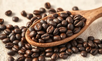 Fototapeta premium Close up of dark roasted coffee beans spilling from a rustic wooden spoon onto a textured neutral surface