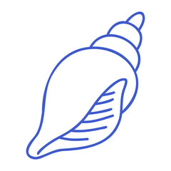 Spiral seashell in marine blue line art style. Hand drawn marine icon. Outline vector isolated illustration.