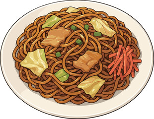 皿に盛りつけられた焼きそばのイラスト