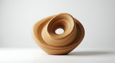An abstract wooden sculpture featuring a unique twisted and curved form with a central hole, showcasing natural material and modern craftsmanship.
